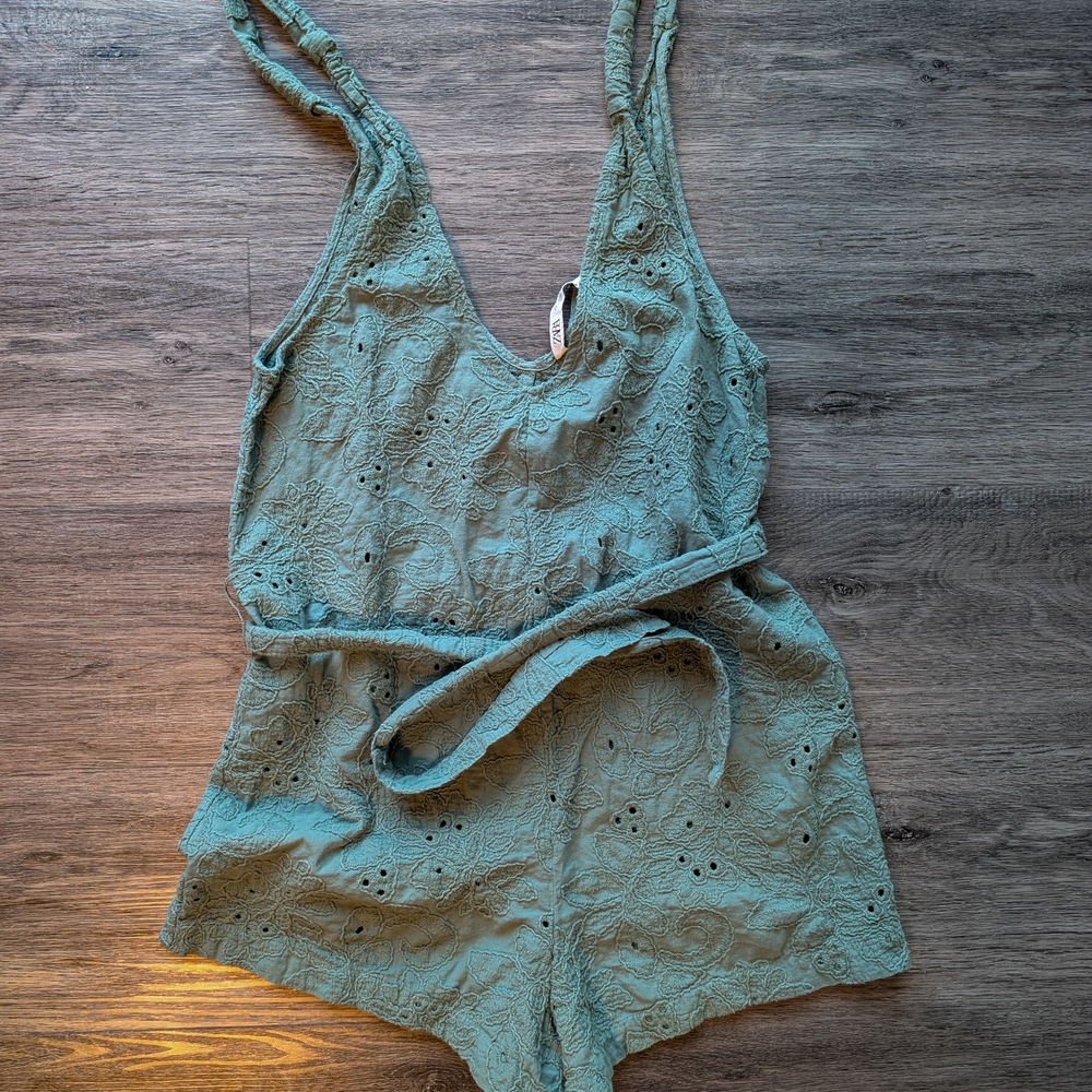 Zara Sage Green Eyelet Romper - Women Onesie One Piece Shorts For Summer